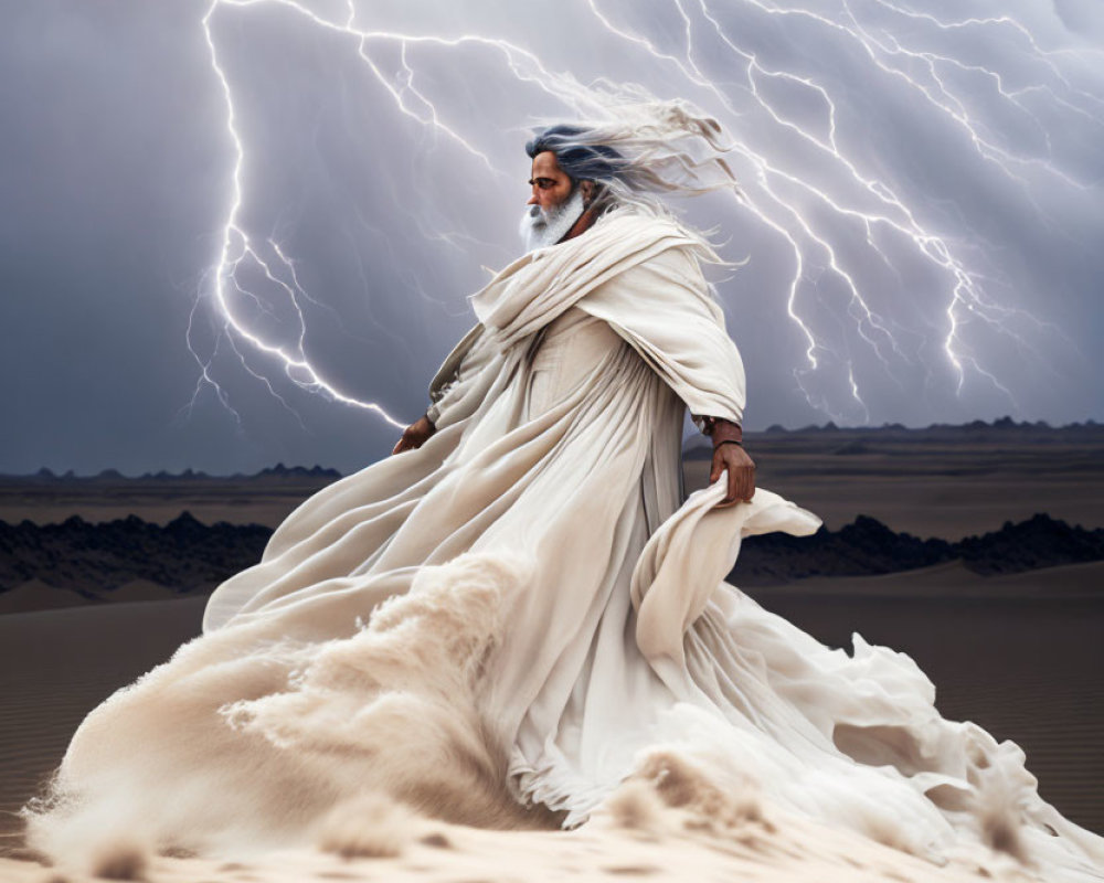 Majestic figure in flowing white robes under dramatic desert lightning