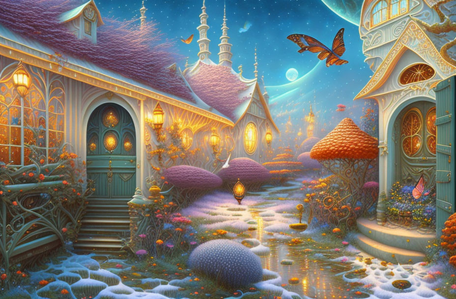 Whimsical fantasy scene with ornate buildings and glowing lanterns