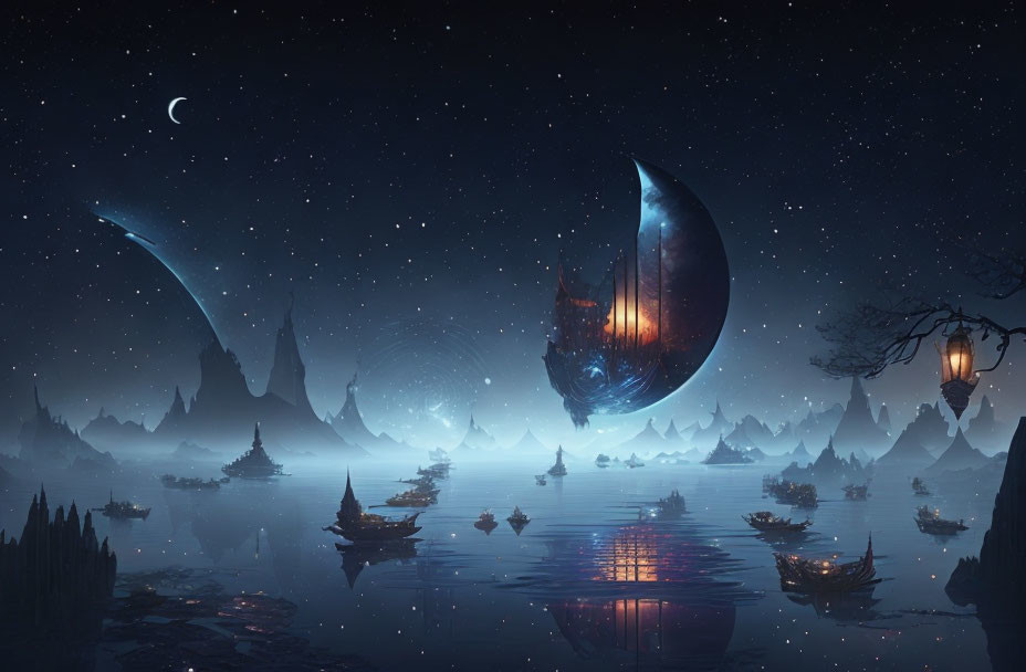 Crescent moon nightscape with illuminated structures, boats on water, and ethereal mountains.