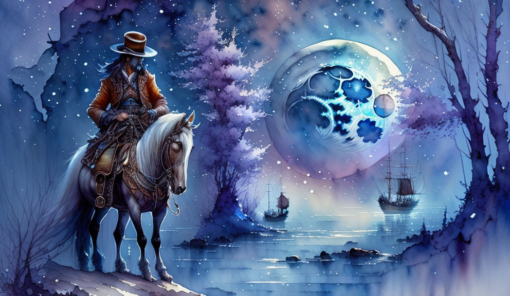 Cowboy on Horseback Under Night Sky with Moon and Ghostly Ships