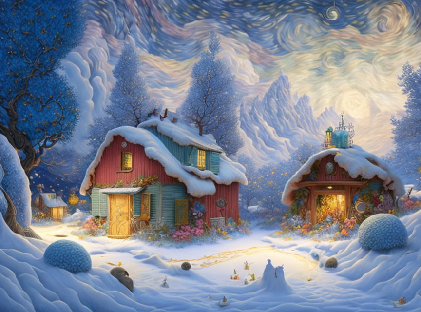 Snow-covered cottages under starlit sky with magical cloud pattern - Winter scene.