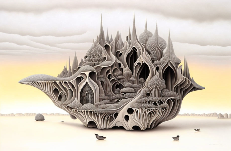 Surreal artwork: Organic fantasy castle in barren landscape