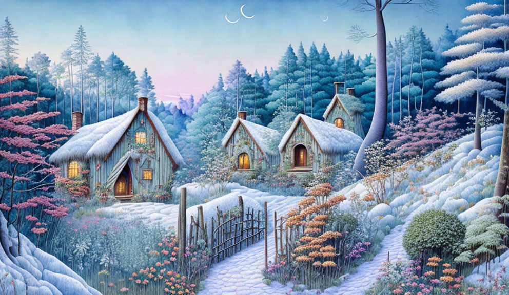 Houses in the snow forest