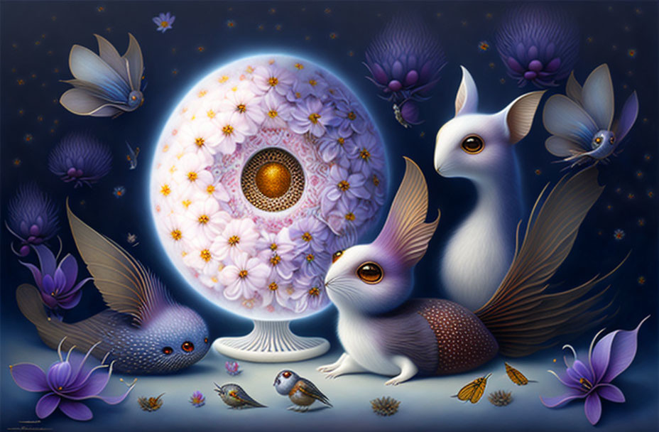 Whimsical illustration of squirrel, bird, fish, purple foliage, flowers, and ornate moon