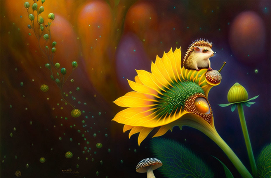 Hedgehog on vibrant sunflower in colorful whimsical setting