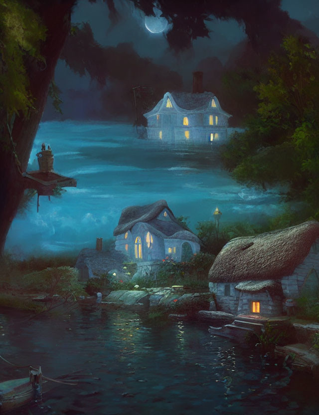 Painting of a whimsical cottage near the water. 