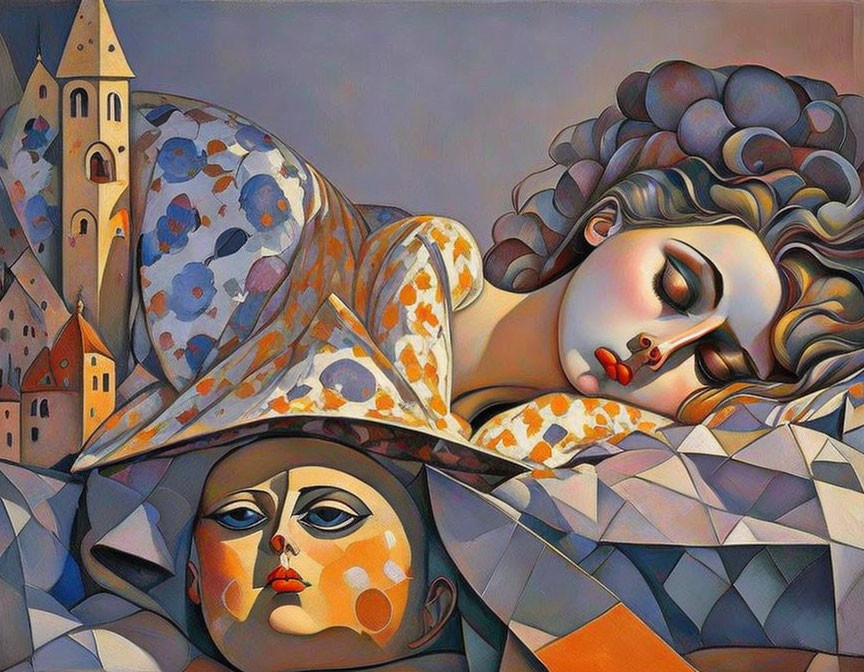 Surreal painting featuring sleeping woman and stylized face