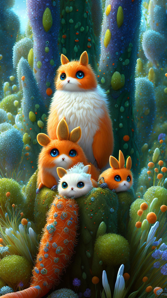 Whimsical orange-and-white creatures in lush forest landscape