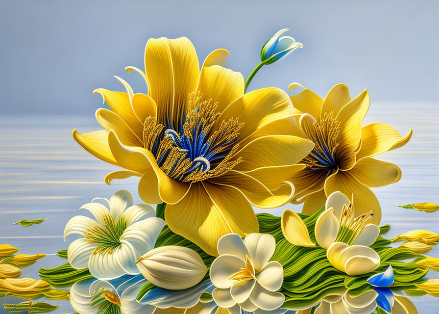 Detailed digital artwork of yellow and white flowers on serene blue and grey backdrop
