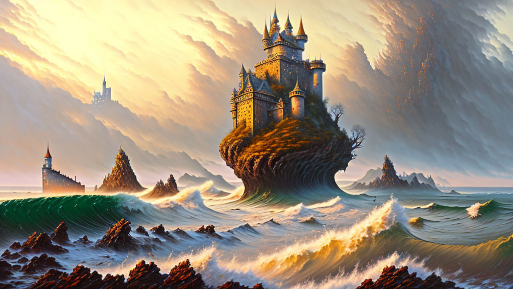 Dramatic fantasy landscape with majestic castles on rocky islands