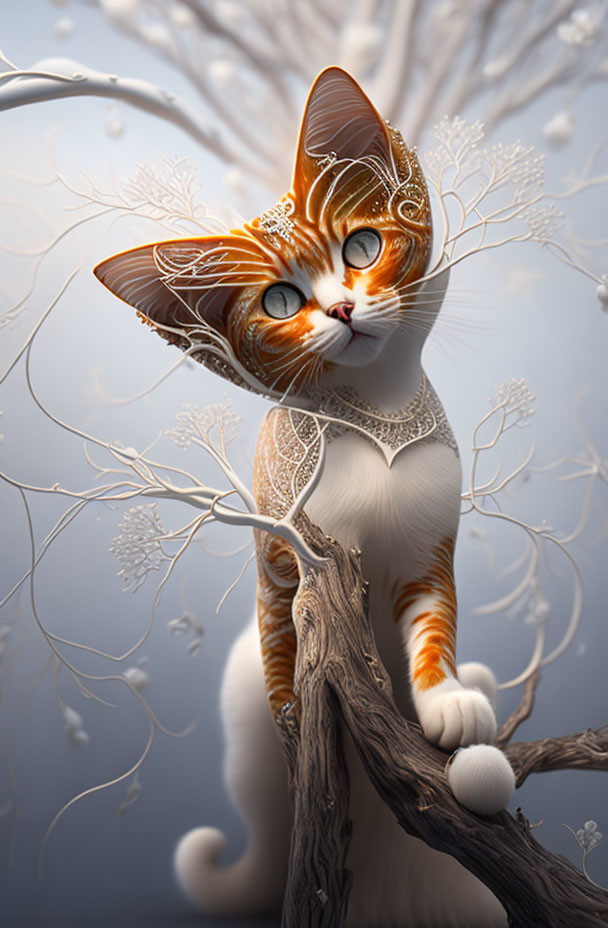 Whimsical digital art: Orange and white cat with ornate patterns on ears, perched on