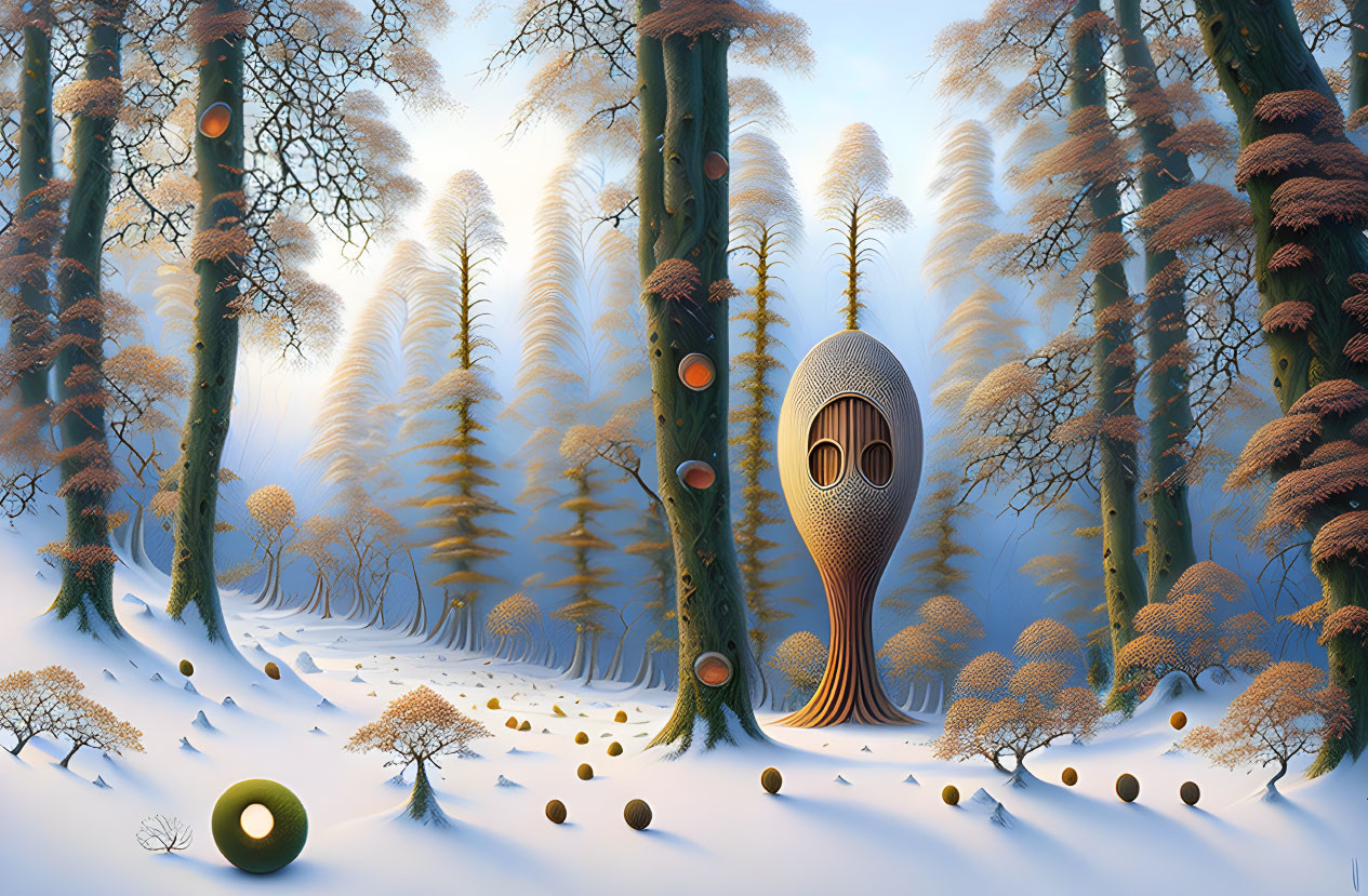 Surreal Winter Landscape with Pod-Shaped Structure and Floating Orbs