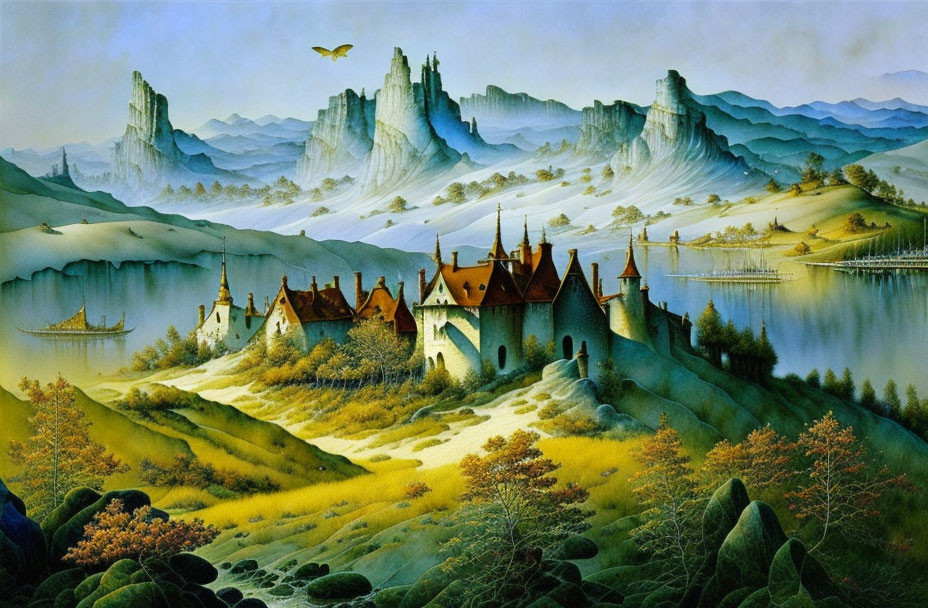 Fantasy landscape with castle, greenery, cliffs, river, boat, and bird