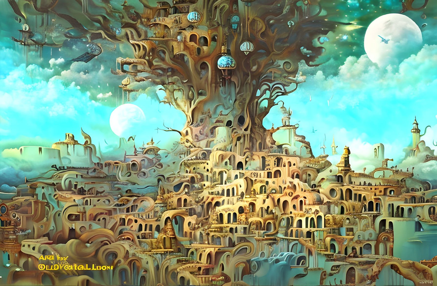 Enchanting fantasy landscape with massive tree and intricate buildings