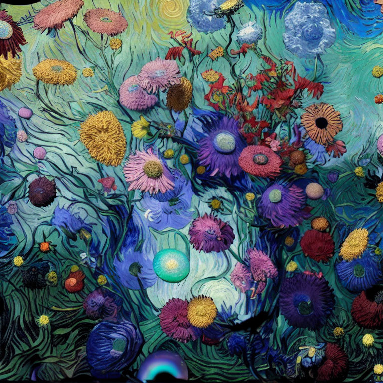 Colorful Flower Painting with Swirling Blue Background and Celestial Motifs