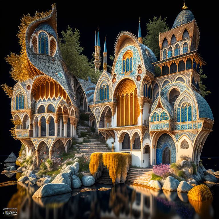Fantasy-inspired castle with illuminated spires and arches at night