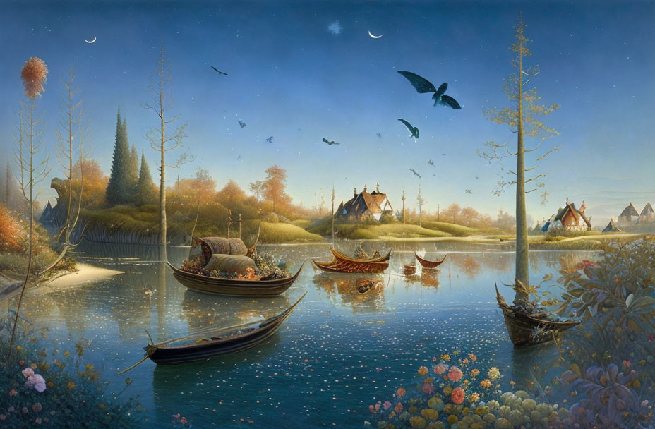 Tranquil river scene with boats, plants, houses, birds, and crescent moons