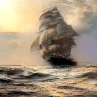 Surreal maritime scene: classical ship in rough seas under golden sunset