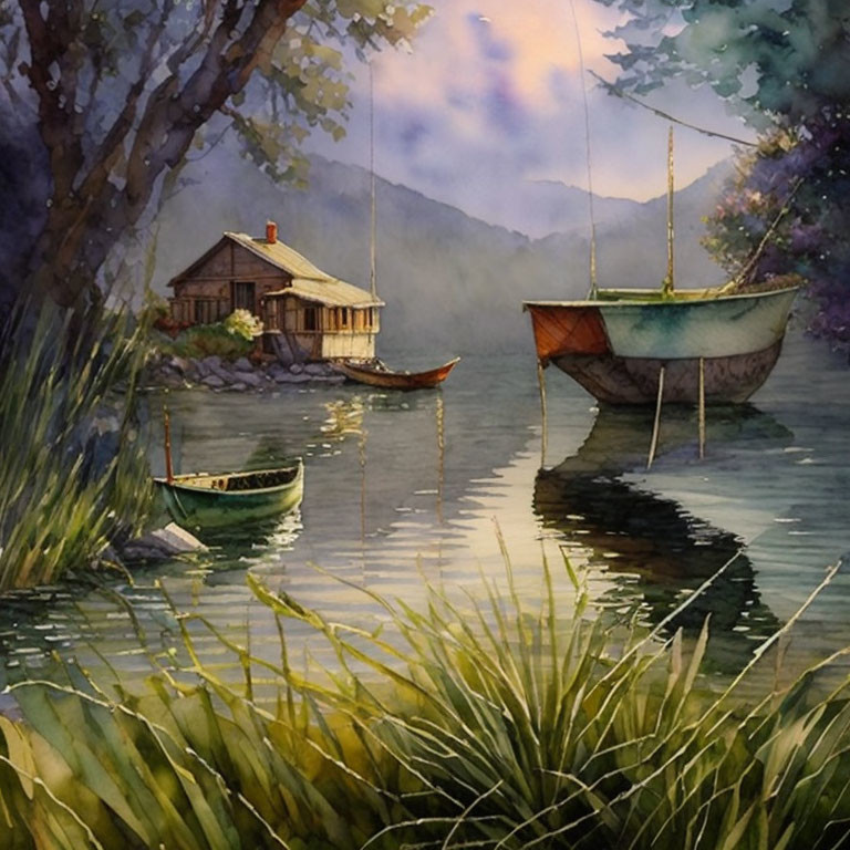 Tranquil watercolor of lakeside cabin, boats, and tall grasses