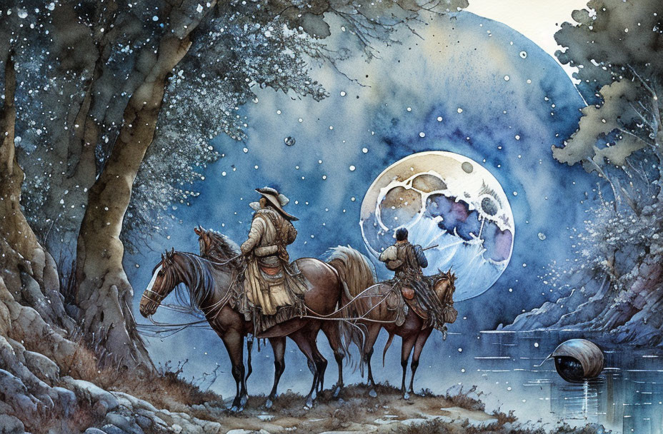Cowboy on Horseback in Snowy Night with Full Moon and Wolf Silhouette