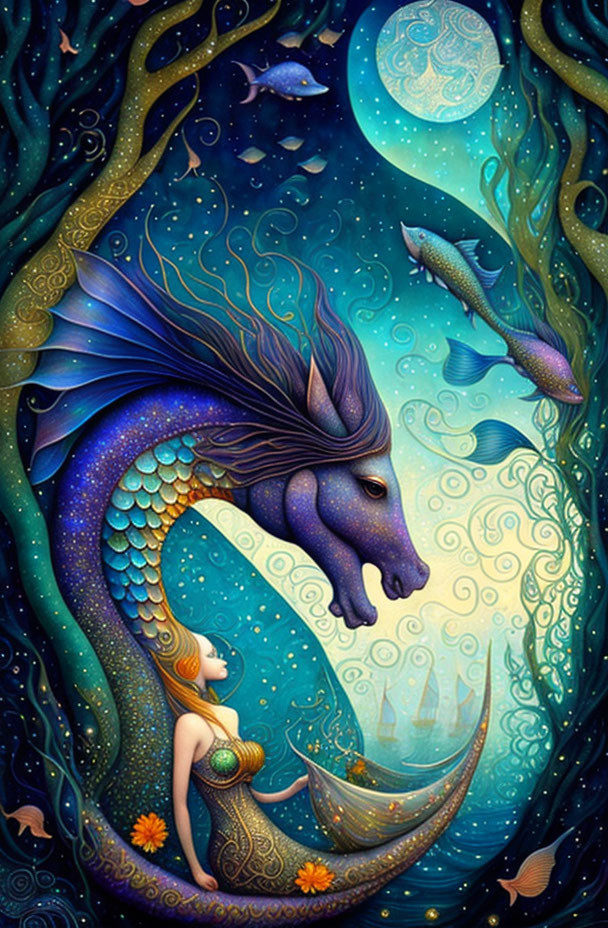 Mermaid and sea dragon in moonlit ocean with fish and tree silhouettes