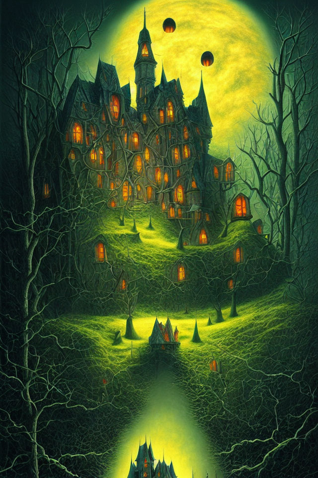 Eerie Gothic mansion night scene with full moon, bare trees, and hot air balloons