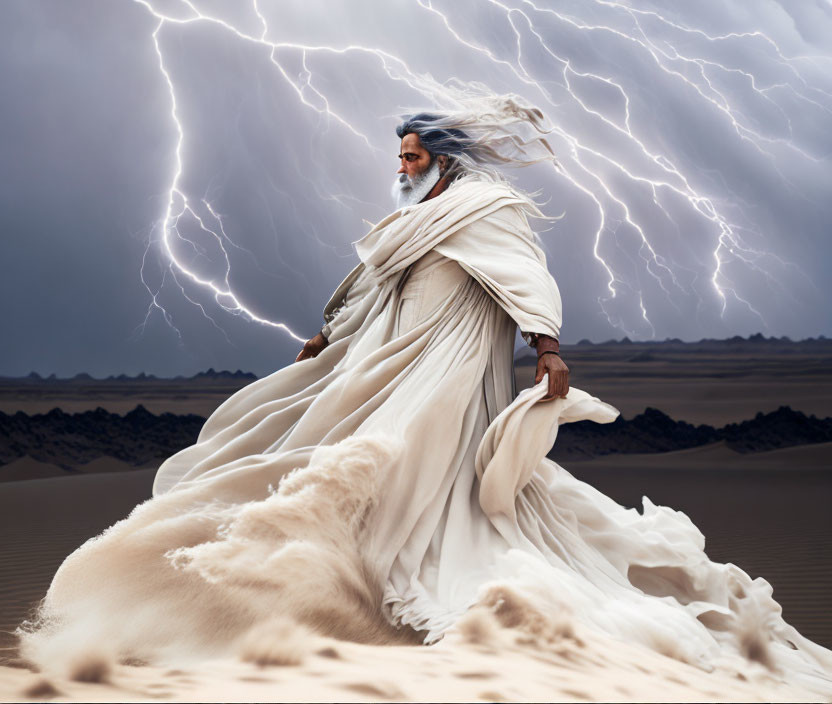 Majestic figure in flowing white robes under dramatic desert lightning