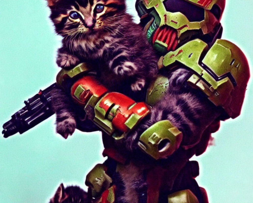 Two kittens on colorful mech suit: one with blue eyes, the other peeking.