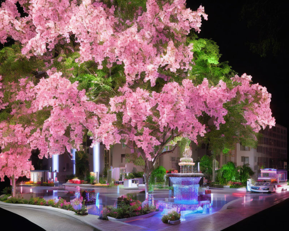 Blooming Cherry Blossom Tree at Night with Fountain and Benches