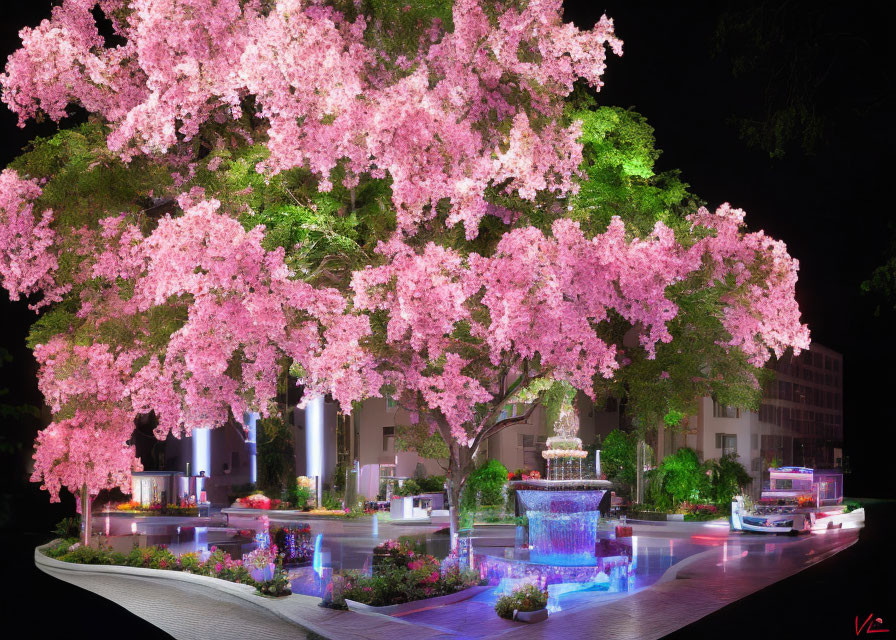 Blooming Cherry Blossom Tree at Night with Fountain and Benches