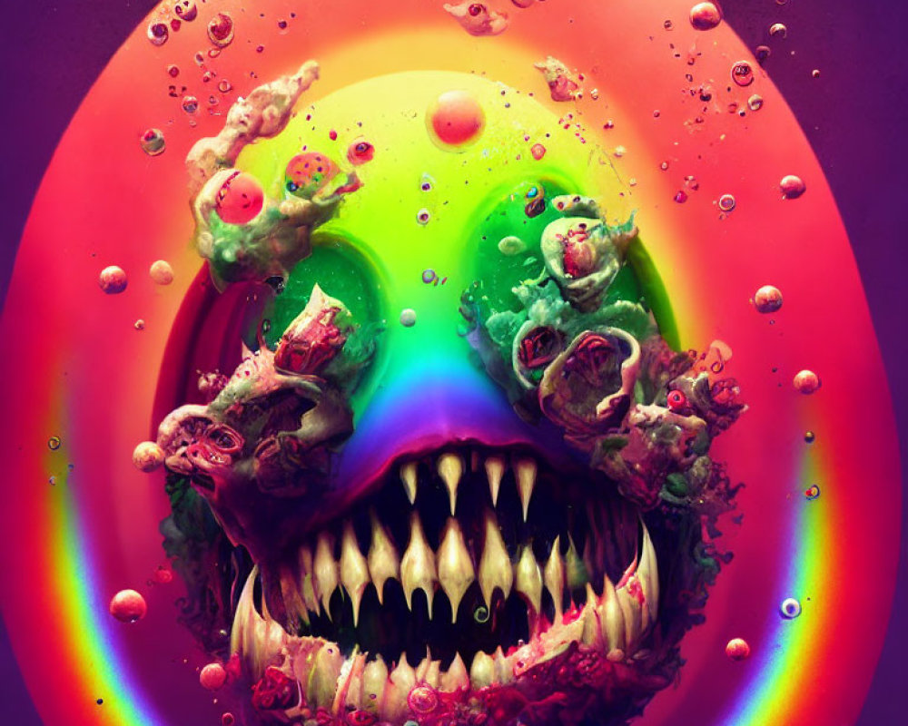 Colorful Psychedelic Monster Face Artwork with Sharp Teeth and Melting Effects