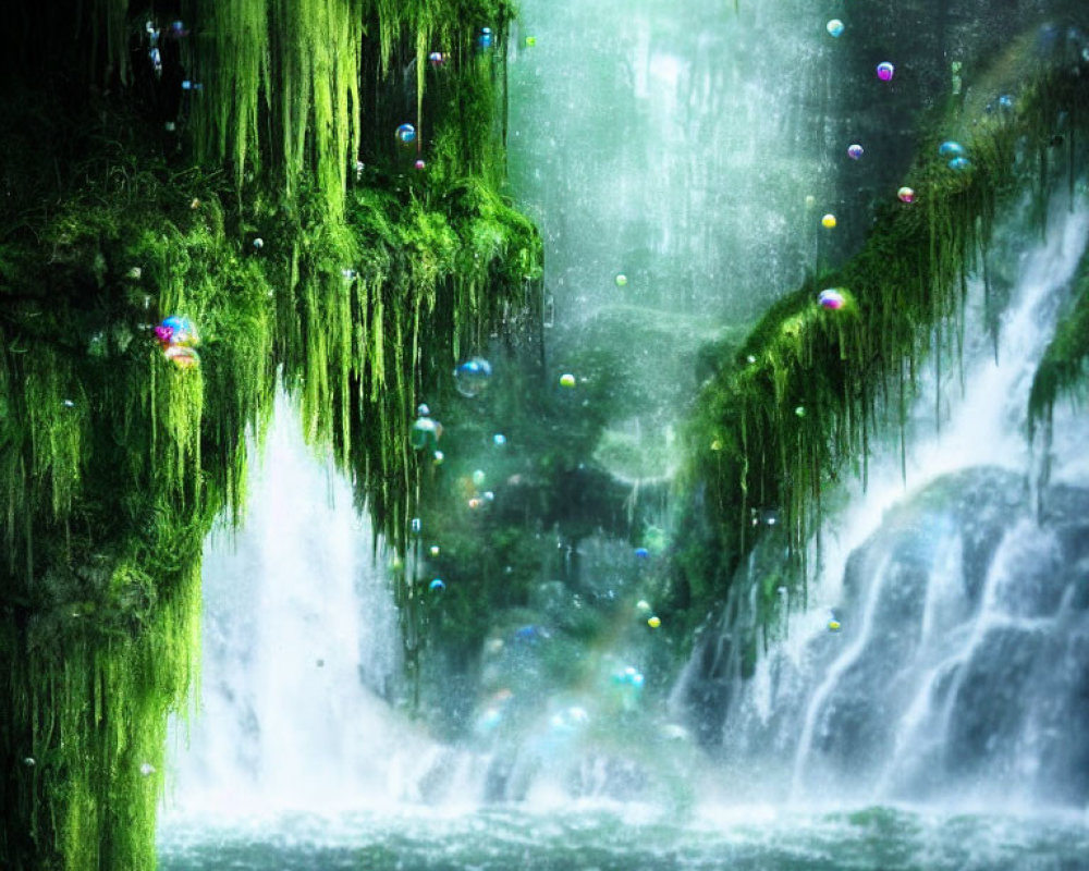 Moss-covered waterfall with floating bubbles in mystical setting