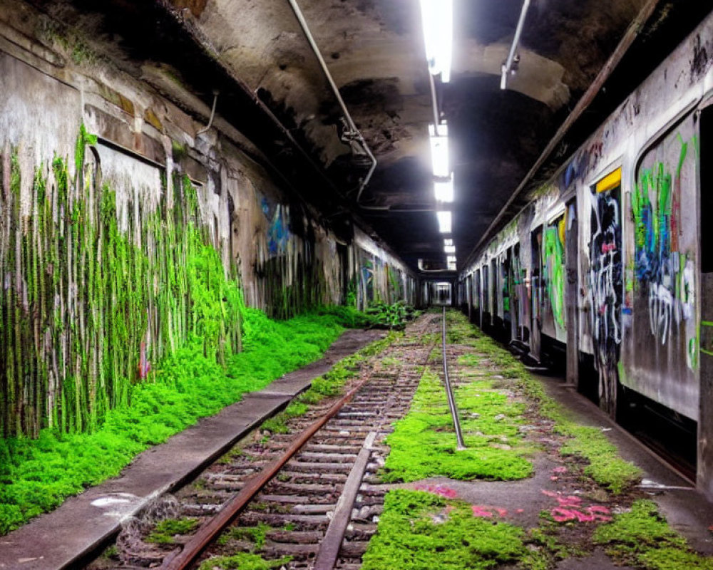 Overgrown moss and graffiti in abandoned subway