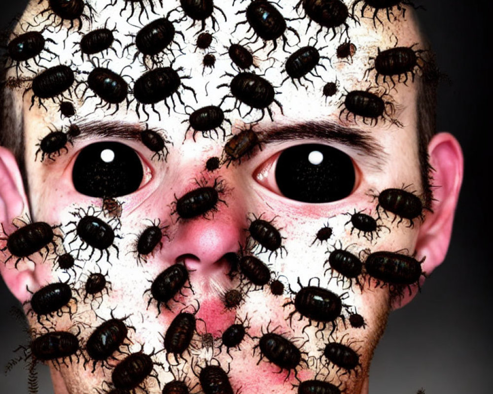 Distressed face covered in realistic digital beetles in dark setting