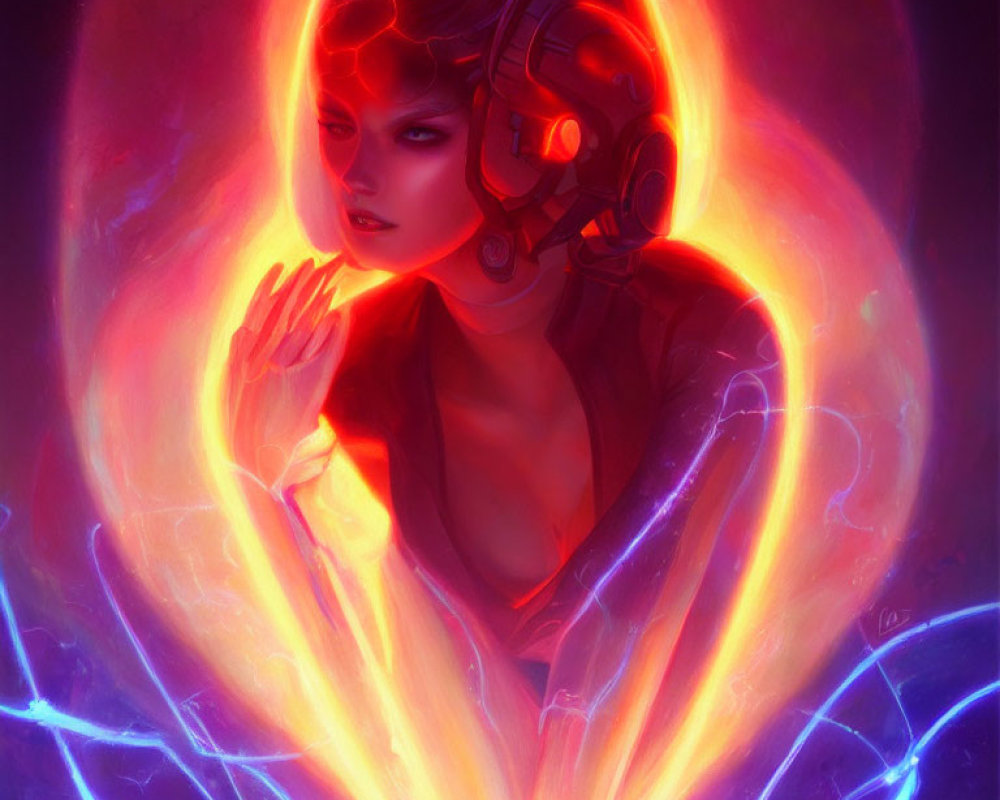 Futuristic female figure with cybernetic enhancements and neon accents on electric background