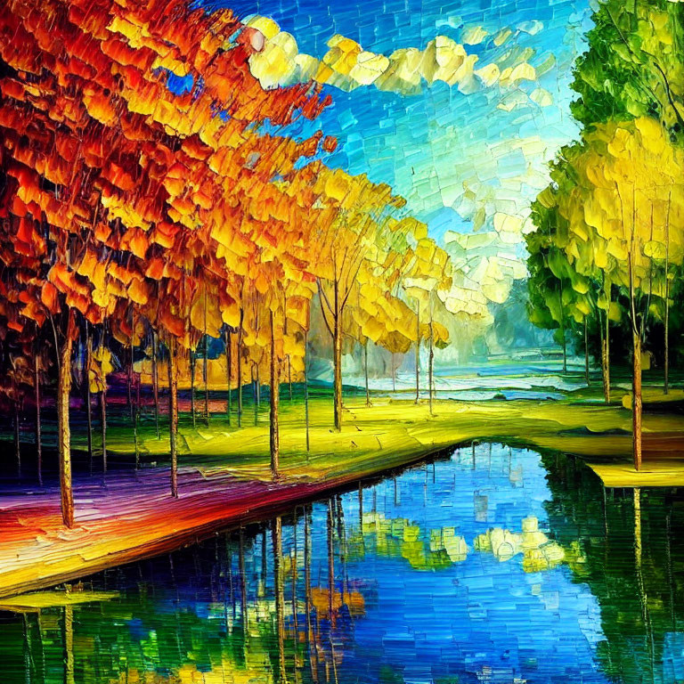 Impressionistic painting of tree-lined pathway and river in autumn colors