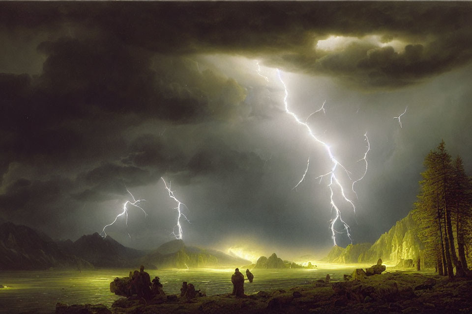 Thunderstorm Landscape Painting with Lightning Strikes in Valley