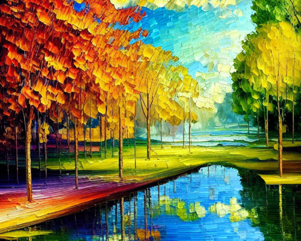 Impressionistic painting of tree-lined pathway and river in autumn colors