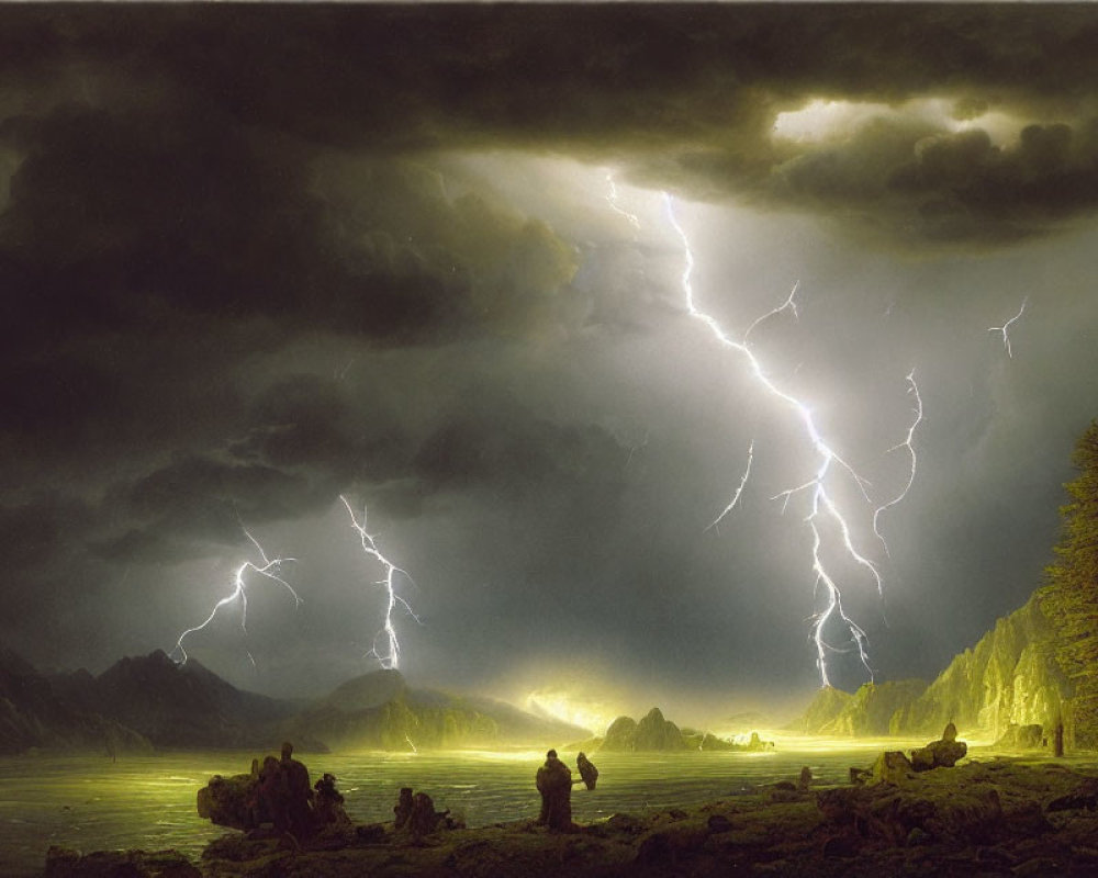 Thunderstorm Landscape Painting with Lightning Strikes in Valley
