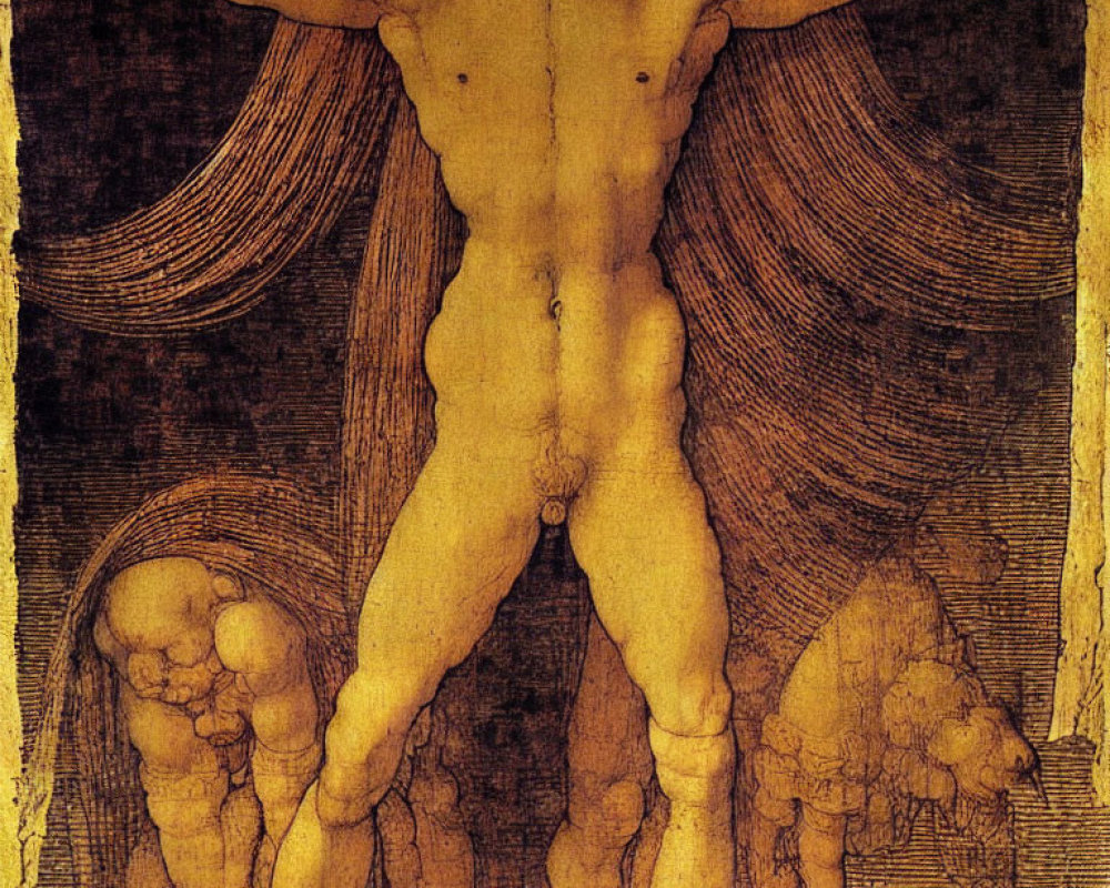 Detailed sketch of human figure with multiple limbs in Vitruvian Man style