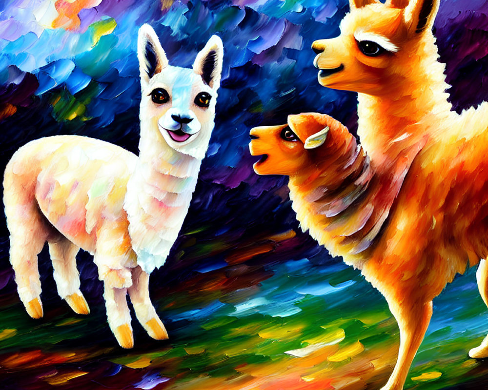 Colorful Abstract Painting of Three Stylized Llamas