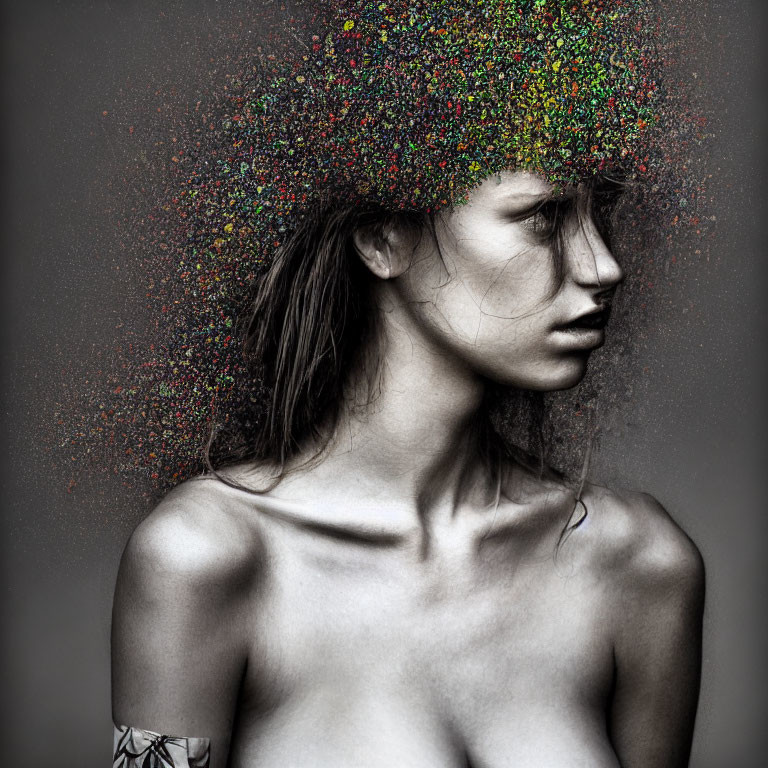 Monochrome portrait of woman with multicolored particles and arm tattoo
