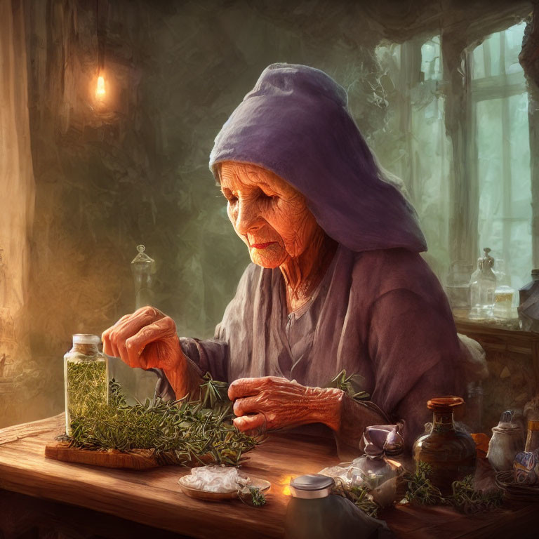 Elderly woman in purple hood preparing herbs in rustic kitchen