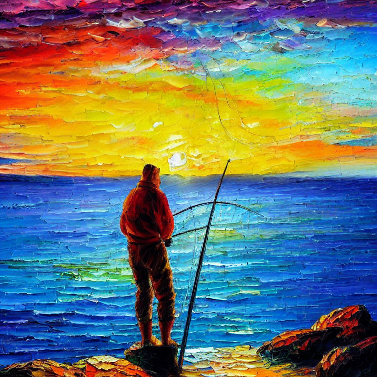 Colorful sunset fishing scene with solitary figure in vibrant painting