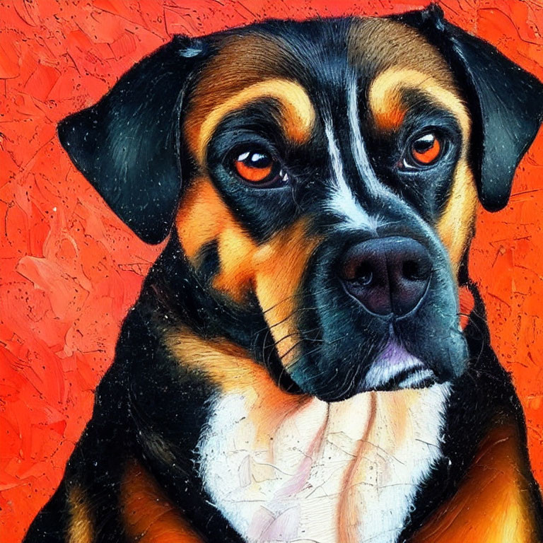 Colorful painting of a dog with brown eyes on red background