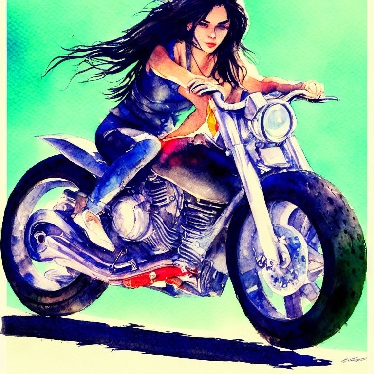 Vibrant watercolor illustration of woman riding motorcycle on textured turquoise background