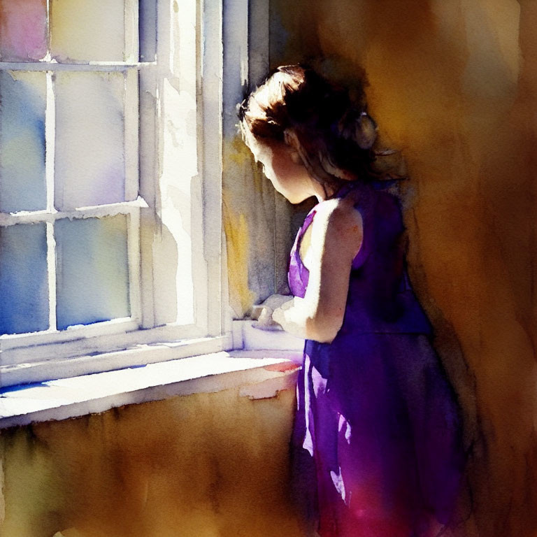 Young girl in purple dress gazes out sunlit window in soft watercolor style