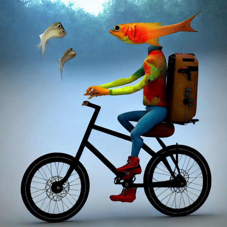Surreal image: Person with fish heads on bicycle in forest