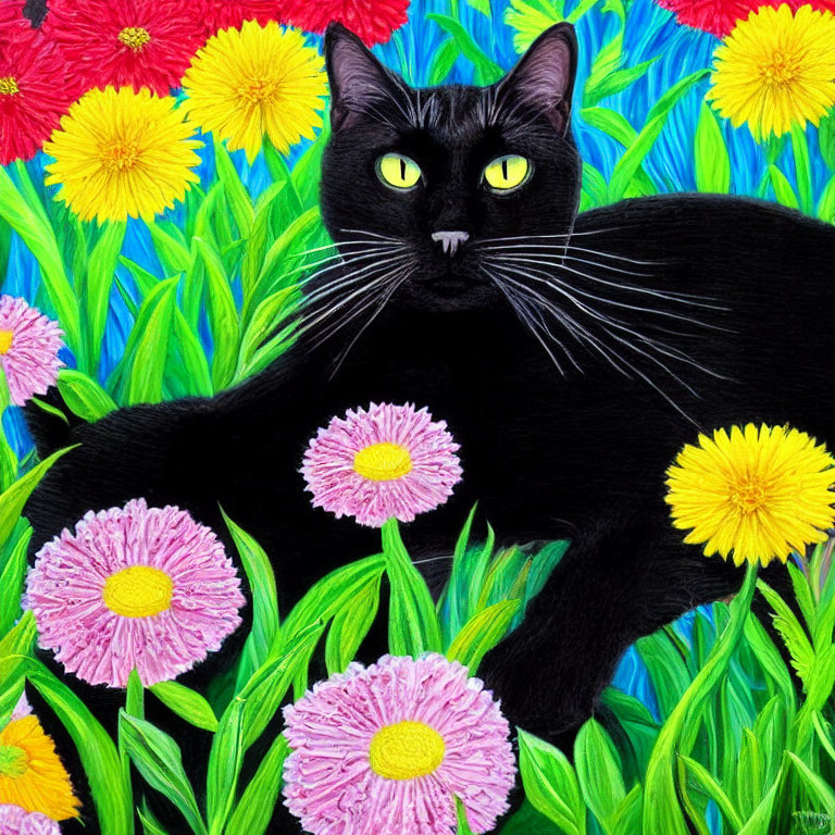 Vibrant black cat with yellow eyes among colorful flowers and green foliage