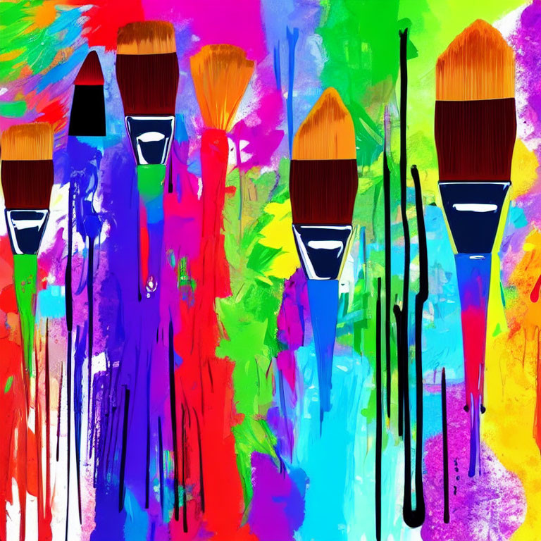 Vibrant abstract painting with colorful brushstrokes and paintbrushes